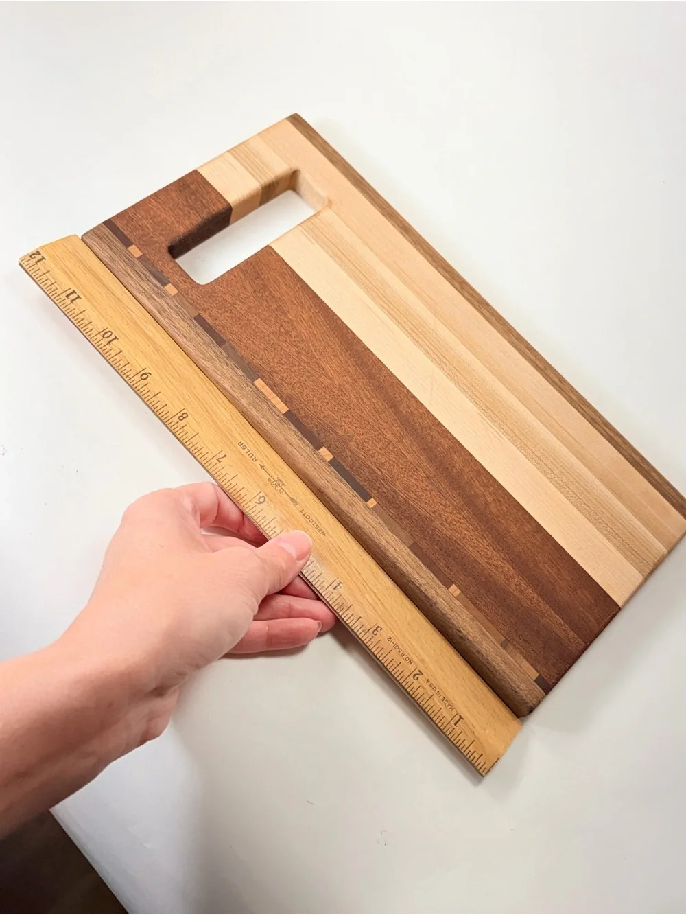 Wood Serving or Cutting Board with Built-In Handle Muilti Tone Wood Inlay
